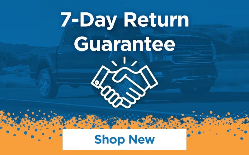 A blue and orange ad for a 7-Day Return Guarantee with two hands shaking, Shop New at the bottom.