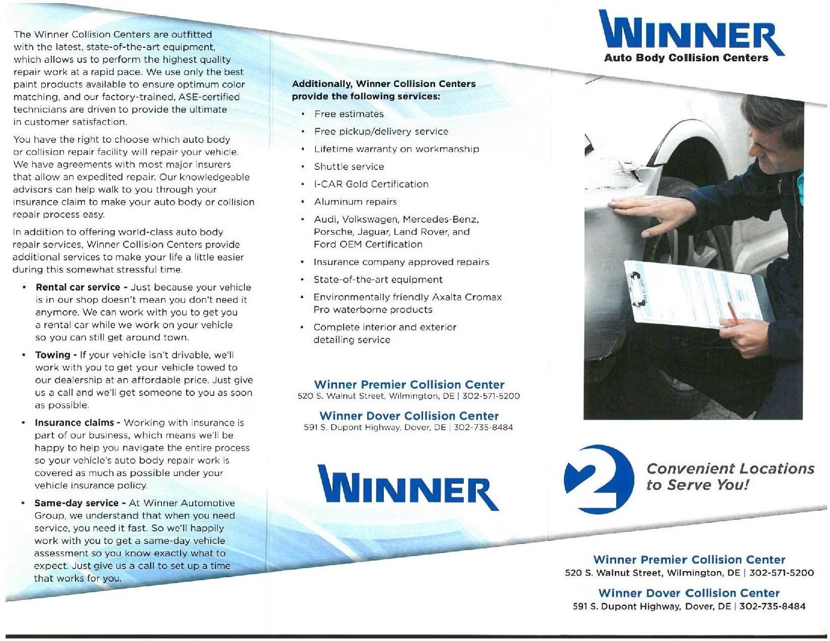 Winner Auto Body Collision Centers brochure with a technician inspecting a car's damaged fender.